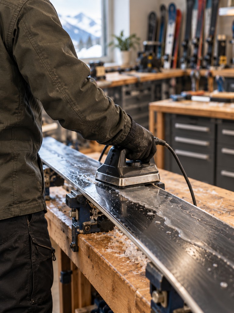 Waxing a ski in the workshop so it stays in use for more seasons