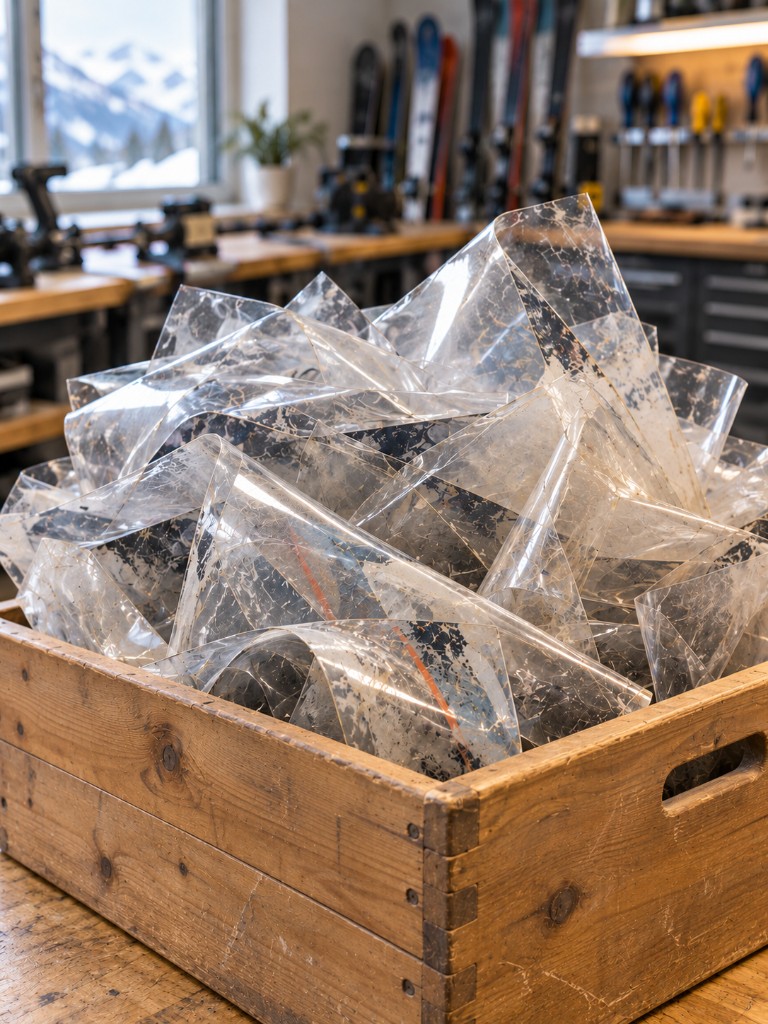 Used single-material ski skins collected in a wooden crate for recycling