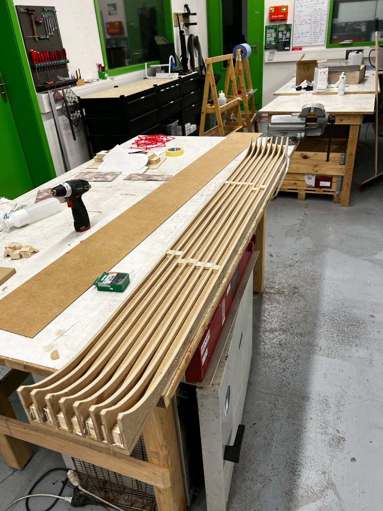 Wooden mould ribs being built for a Peak2002 ski profile