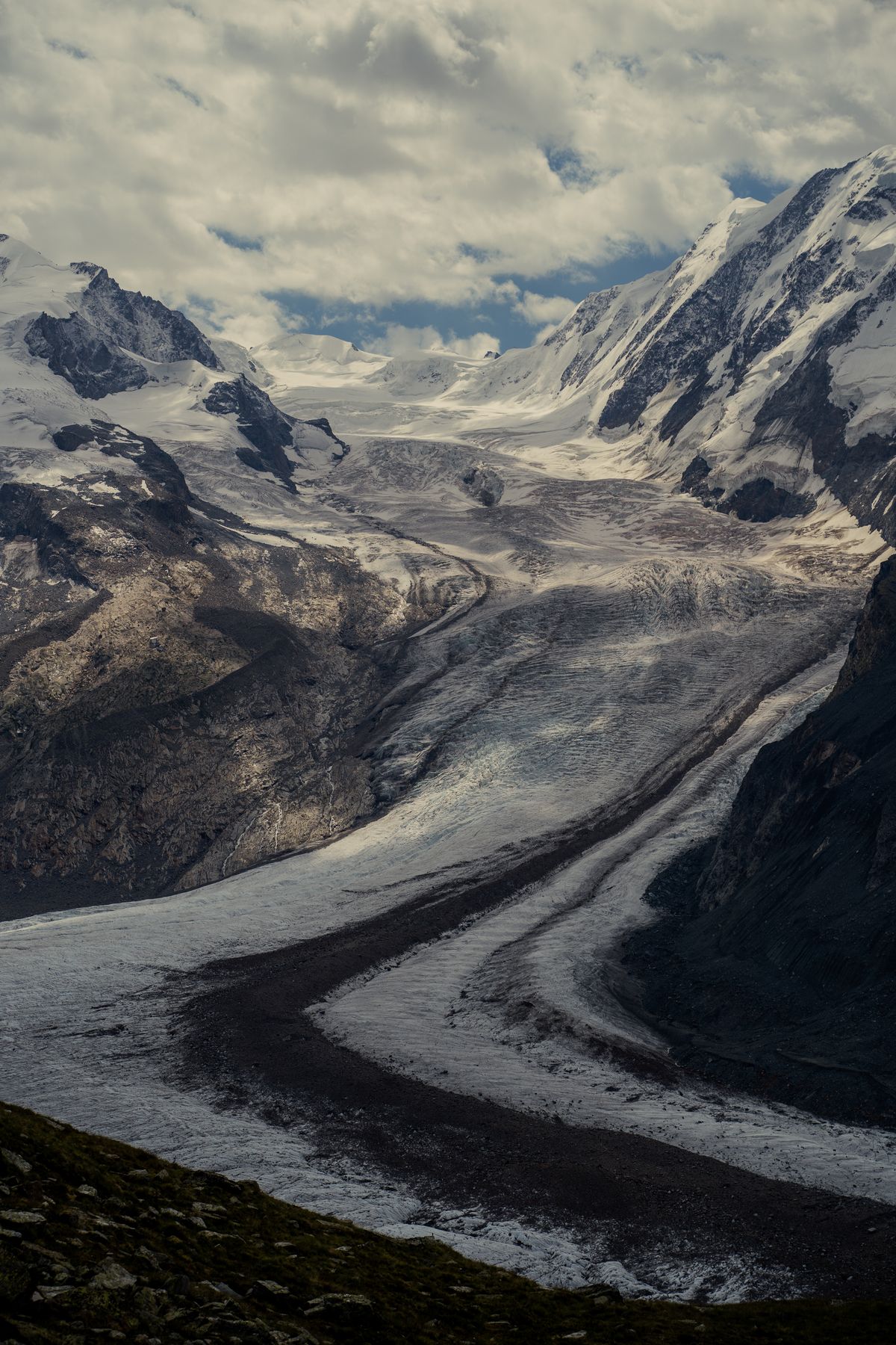 Gorner glacier winding through the mountains above Zermatt