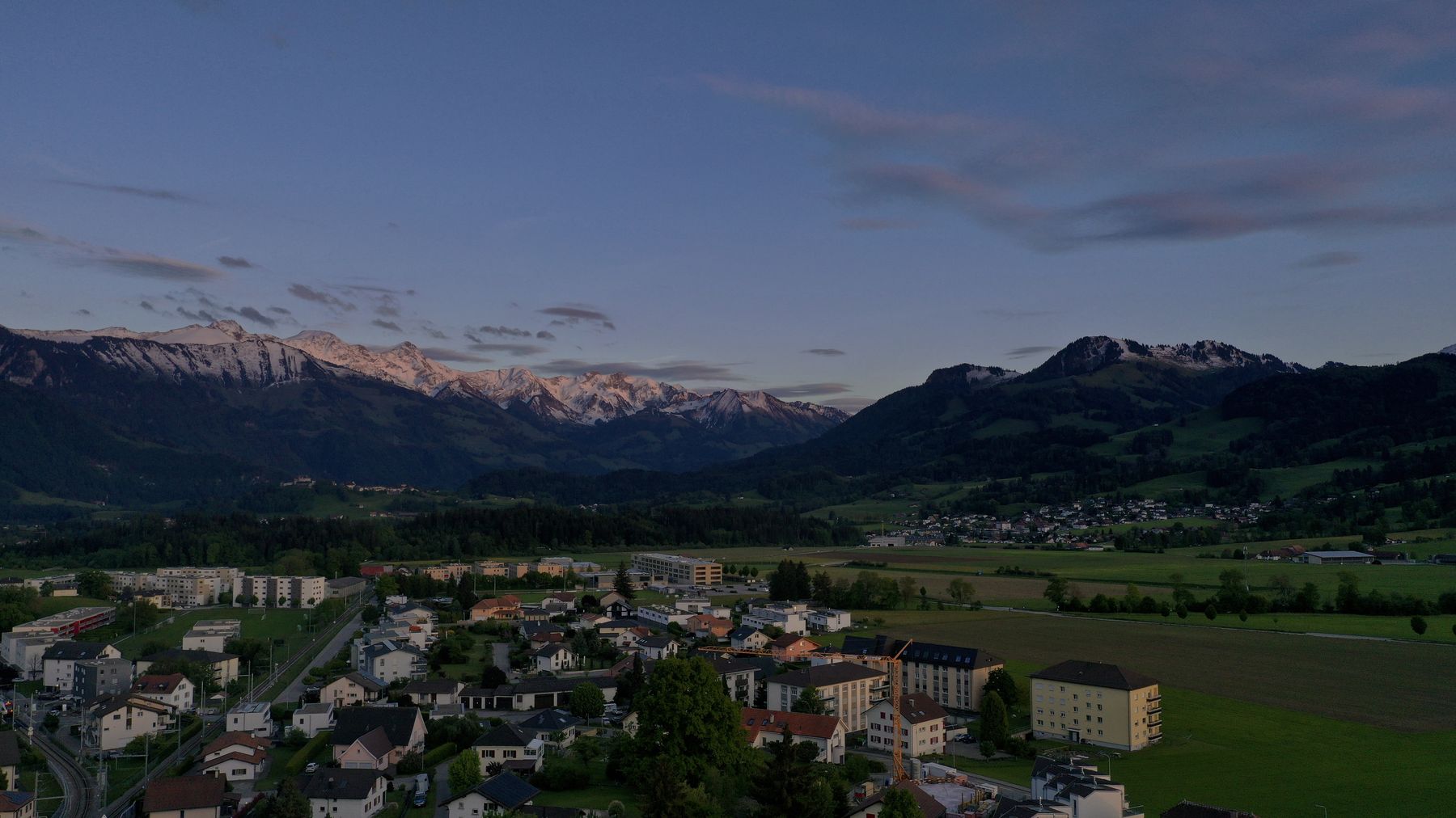 Dusk over La Tour-de-Trême with Le Moléson and Dent de Broc behind